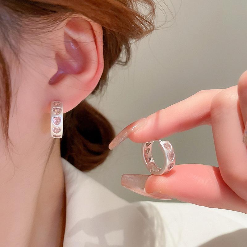 Pink Rhinestones Love Peach Heart Stud Earrings for Women Sweet Aesthetic Charm Trend Hoop Earrings Korean Fashion Jewelry New