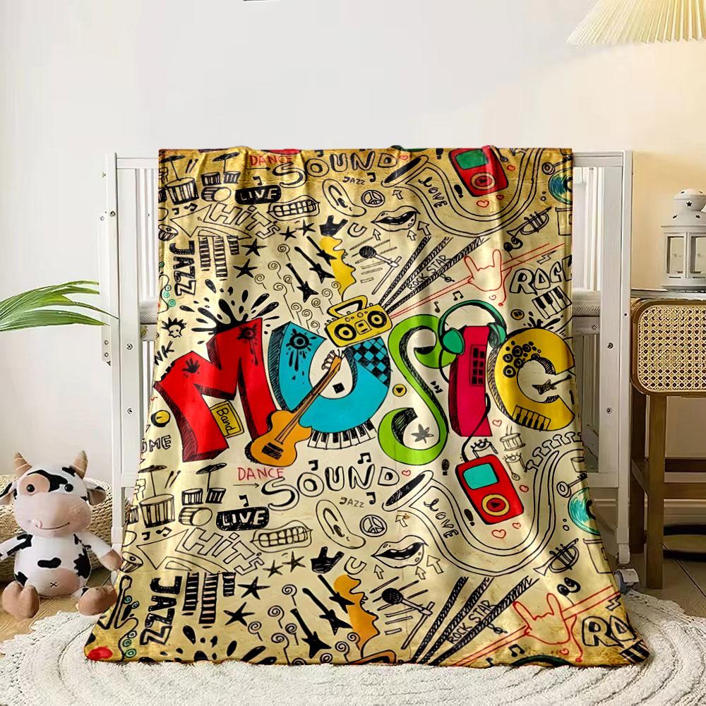 

Colorful MUSIC text surrounded by doodles of instruments and symbols. for all seasons blanket lunch break throw gift 80cm x 120cm