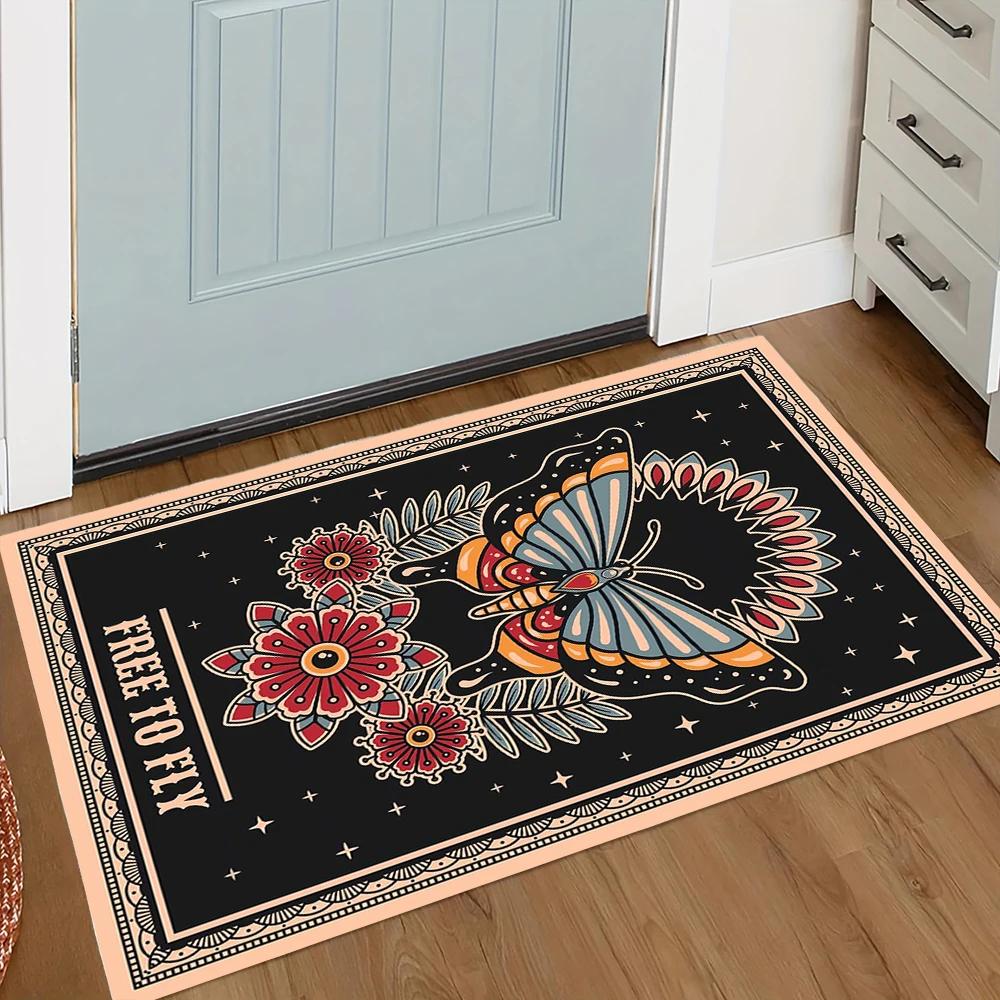 Butterfly Tiger Welcome Door Mat with Pattern Mat for Kitchen Bathroom Checkered Border Bedroom Rugs Home Decoration Carpet