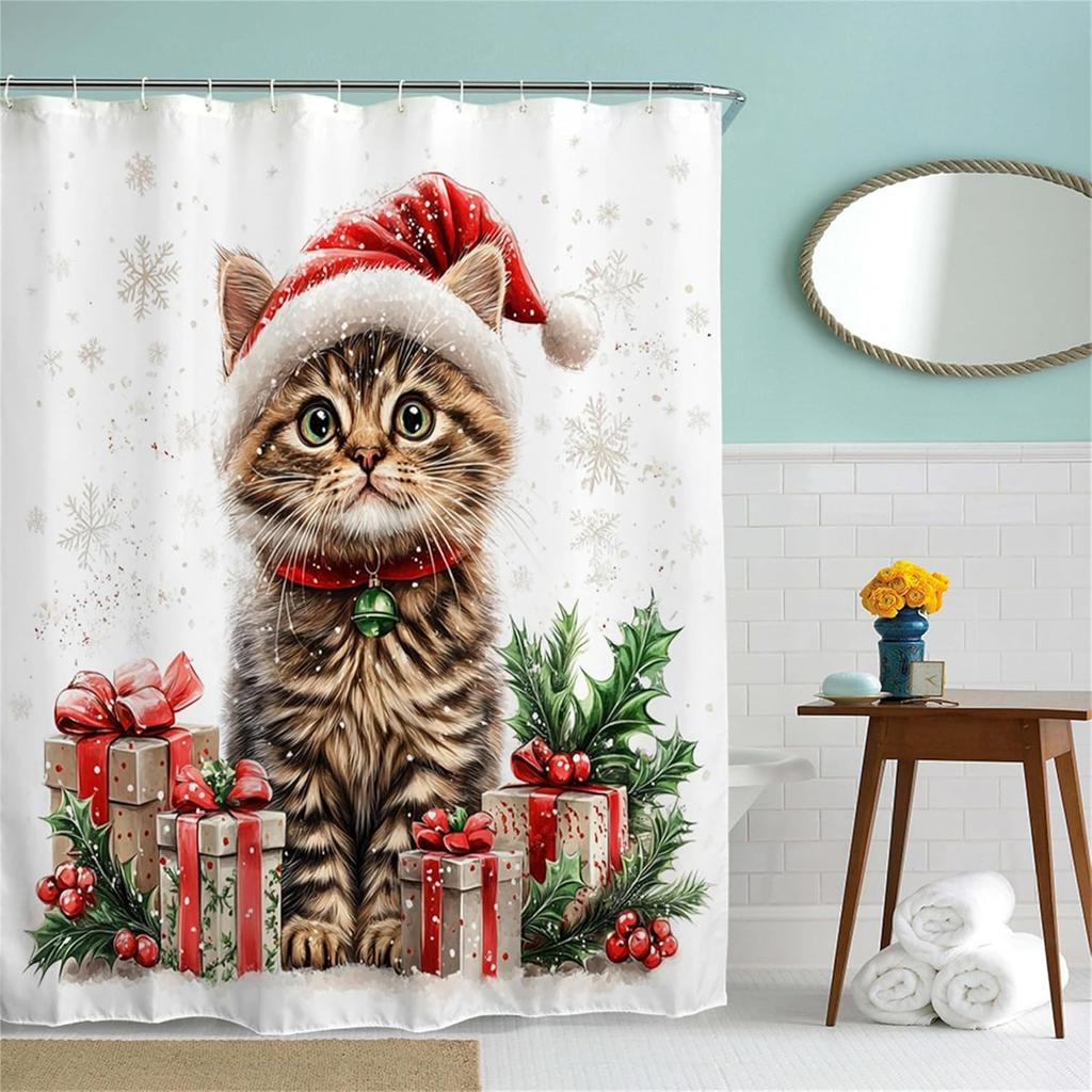 Fabric Christmas Shower Curtain Set- Vintage Xmas Tree Fireplace Winter Holiday Bath Bathroom Decor Curtain Polyester,Washable