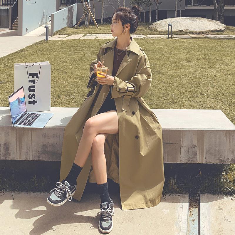 Women's Spring and Autumn New Khaki Hepburn Style Long Windbreaker Loose Large Size Temperament Double-breasted Jacket for Women
