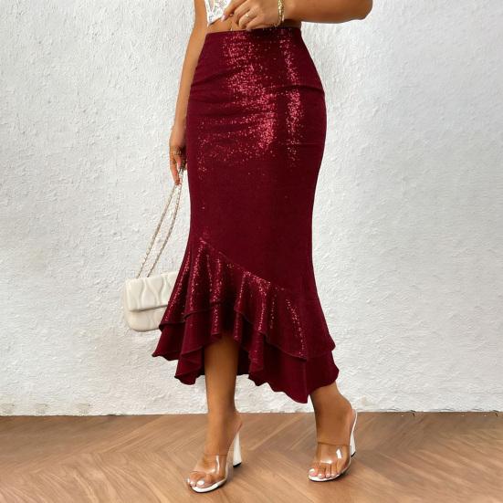 Damen Midi Rock Sexy Hüftbetontes Design Hüftbedeckend Einfarbiger Party Rock Glitzer Niedrige Taille Rüschensaum Fishtail Rock Tägliche Kleidung