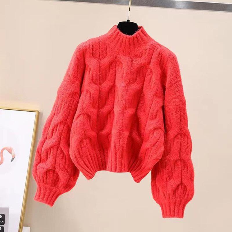 Sweter damski w stylu koreańskim z dzianiny warkoczowej z rękawami typu latarnia – luźny krój, gładki, pulower na jesień/zimę