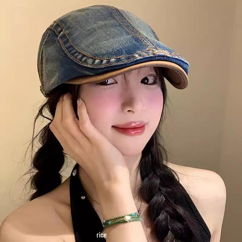 Women's Retro Washed Denim Duckbill Flat Cap with PU, Versatile Face Slimming Design, Spring-Autumn Backwards Beret.