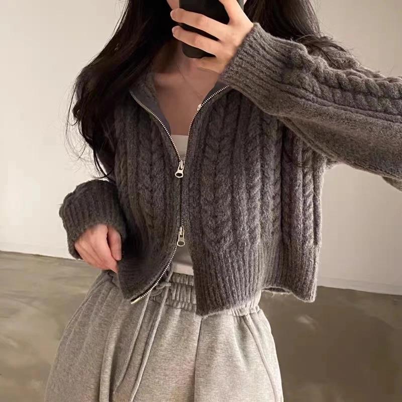 Women Zippers Knitted Cardigan Casual Loose Solid Cropped Sweater Korean Short Long Sleeve Coats Tops One Size