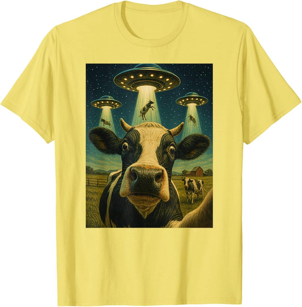 Funny Cow Abduction Selfie UFO Alien Graphic Tee T-Shirt Casual Daily Wear