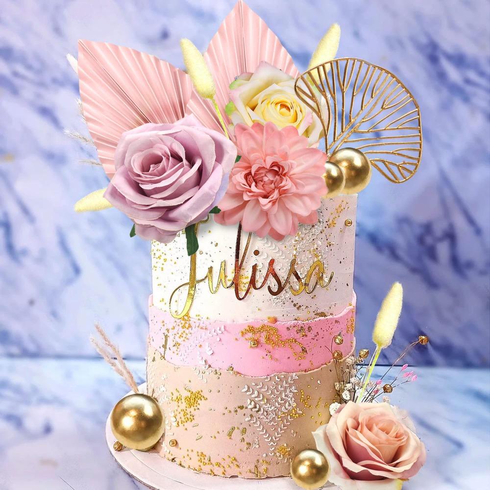 12 Stück Boho Kuchenaufsatz Blume Kuchenaufsatz Rosa Palmenblätter Kuchen Dekorationen mit Künstlicher Rose Ginkgo Blättern und Kugeln