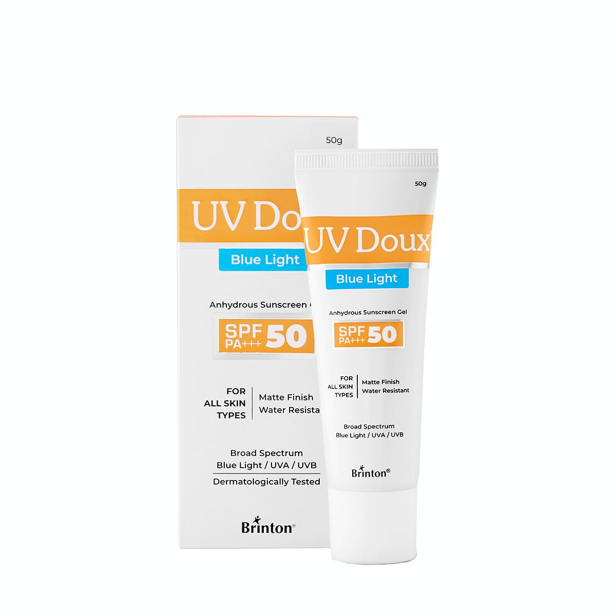 

Солнцезащитный гель Brinton UV Doux Blue Light SPF 50 PA+++ UVA/UVB для мужчин и женщин | Матовый и водостойкий | Для всех типов кожи, 50 г