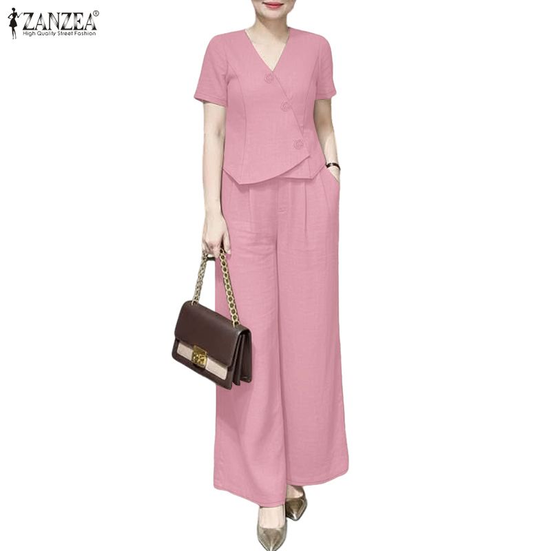 ZANZEA Kadın Kısa Kollu Bluz ve Pantolon Günlük İki Parça Takım Setleri