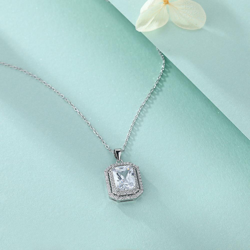 925 Sterling Silver Necklace Wholesale European and American Style Fashion Rectangular Zircon Square Diamond Pendant Collarbone Chain Ins