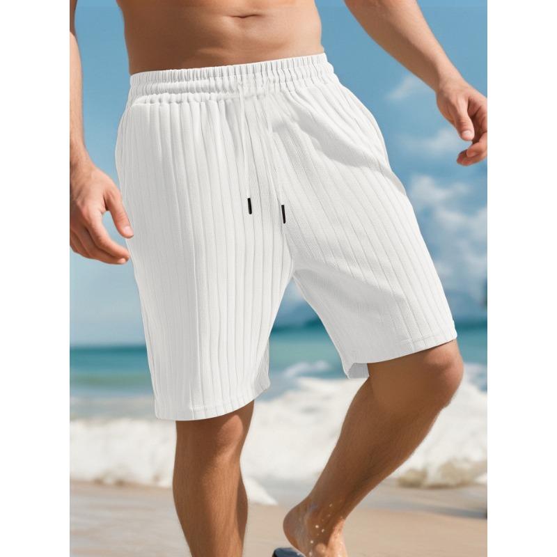 Mens Casual Solid Color Ribbed Drawstring Waist Shorts S