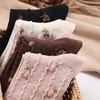 4 Pairs Japanese Style Women Cotton Socks Floral Knitted Mid Calf Crew Socks Ruffle Lace Trim Sweet Cozy Breathable Stockings