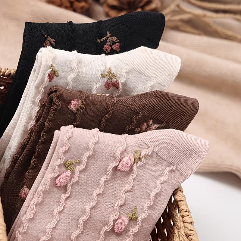 4 Pairs Japanese Style Women Cotton Socks Floral Knitted Mid Calf Crew Socks Ruffle Lace Trim Sweet Cozy Breathable Stockings