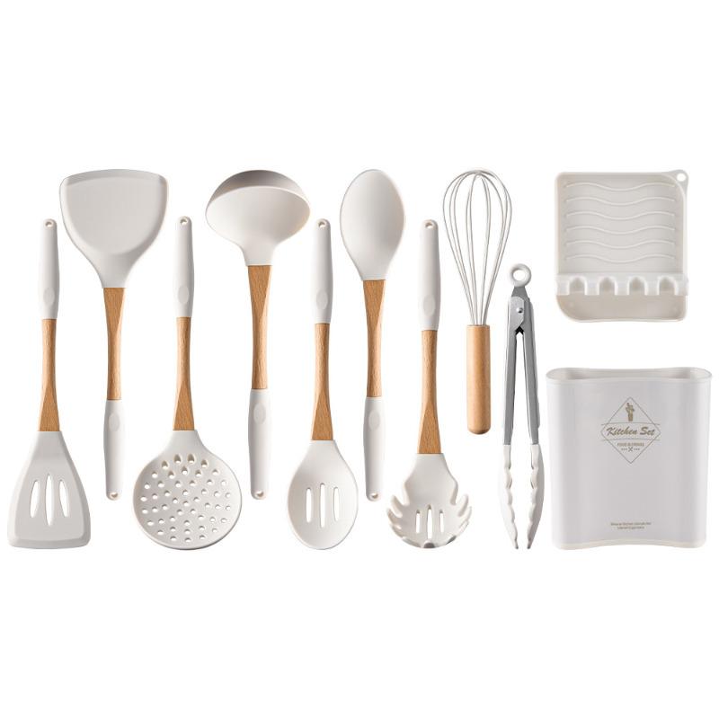 

Набор из 11 предметов, деревянная ручка, силиконовая кухонная утварь с ведром для хранения, устойчивая к высоким температурам и антипригарная кастрюля, лопатка, ложка Kitchenware 11-piece set
