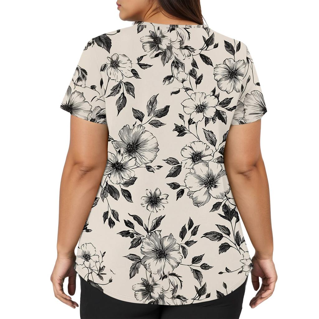 Women's Fashionable V,neck Short,Sleeved Work Top With Double Side Slits And Pockets, Featuring A Retro Floral Print.