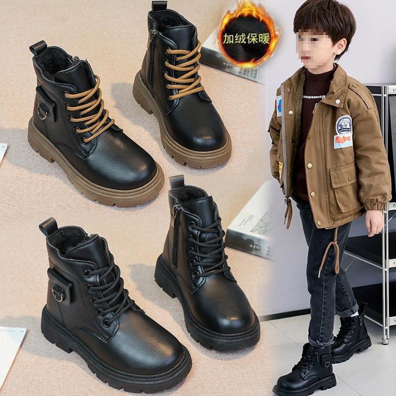 Boys Martin leather boots children's boots 2025 autumn and winter new velvet British boys short boots children