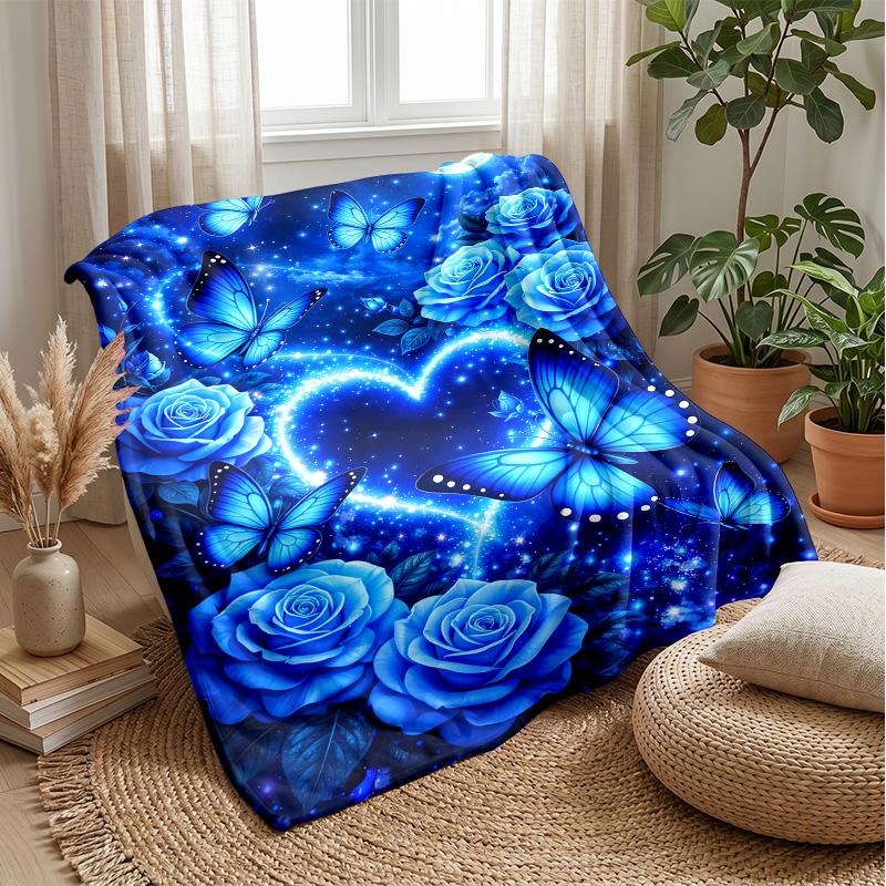 Blue Rose and Butterflies at Night blanket Personalized Name Flannel Blanket Soft Cozy Plush Throw for Sofa Bed Lightweight Home Decor