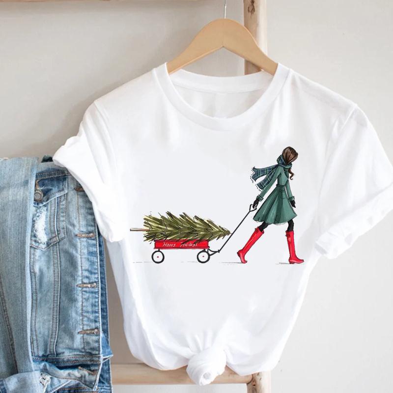 Cartoon Rudolph Reindeer Snowflake Print T Shirt Women Merry Christmas Holiday Short Sleeve Top