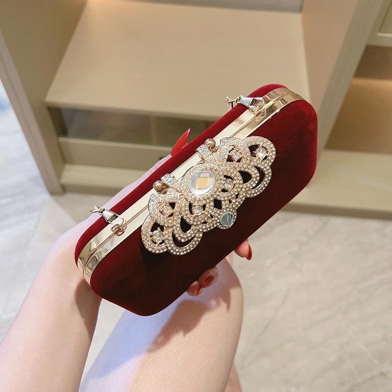 Wine Red Velvet Diamond Decoration Dinner Clutch Bag Celebrity Banquet Bag Cheongsam Temperament Portable Small Square Bag Woman