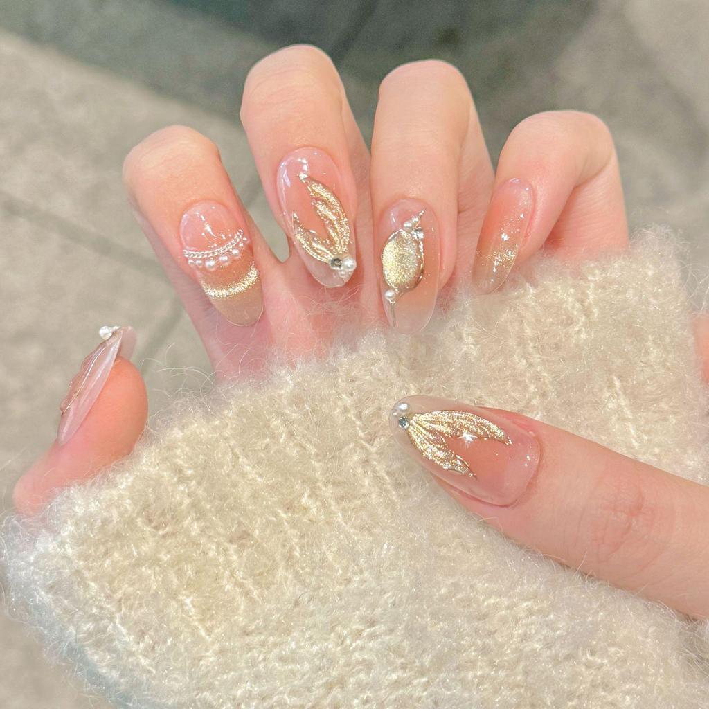 Yihe Gold-Plated Mermaid Pearl Gradient Cat Eye Nails