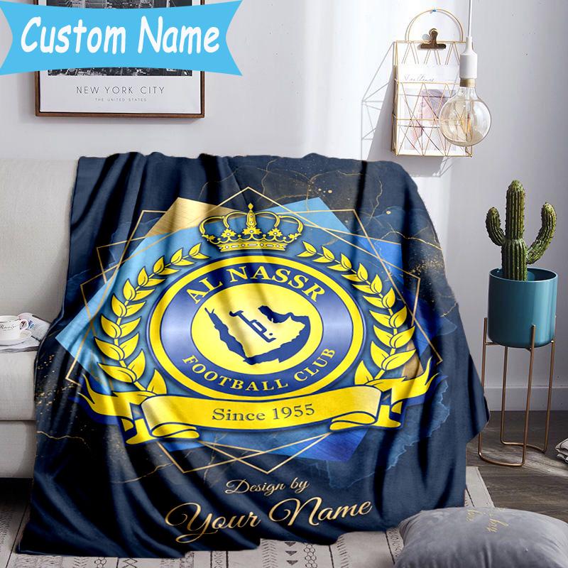 Custom Name Al Nassr Football Club Crest Flannel Blanket, Use for Birthday/Holiday Gift, Soft Blanket for Sofa/Bed/Camping/Office, Home Decor