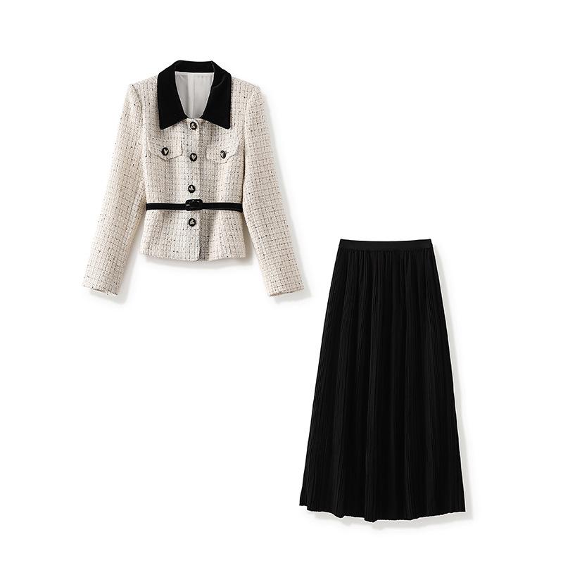 French Light Luxury Sequin Tweed Jacket + Pleated Midi Skirt Set