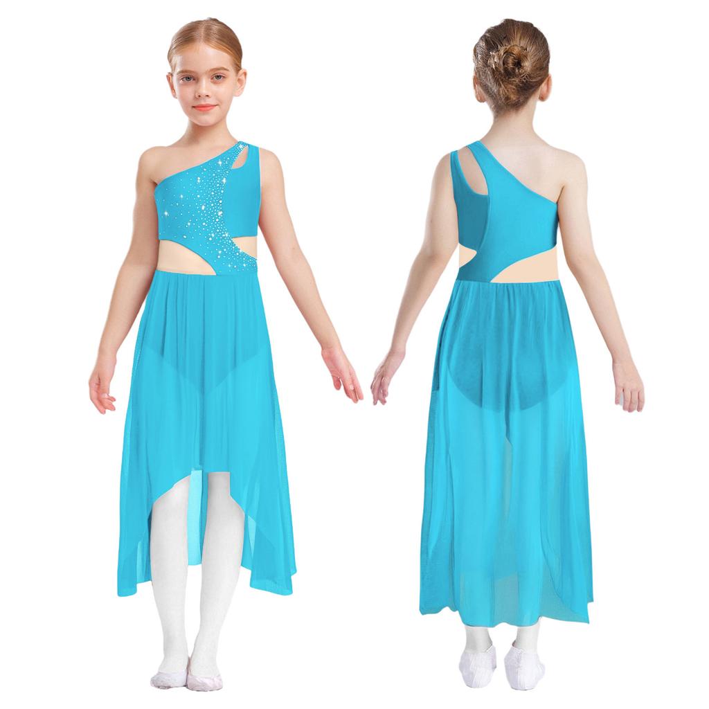 Girls Lyrical Dance Dress - Shiny Rhinestones One Shoulder Sleeveless Cutout with High-Low Flowy Mesh Skirt