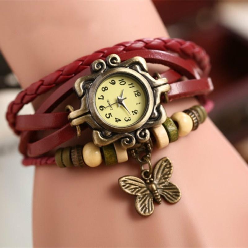Vintage Cow Leather Watch Women Ladies Fashion Butterfly Beads Dress Quartz Wristwatch
