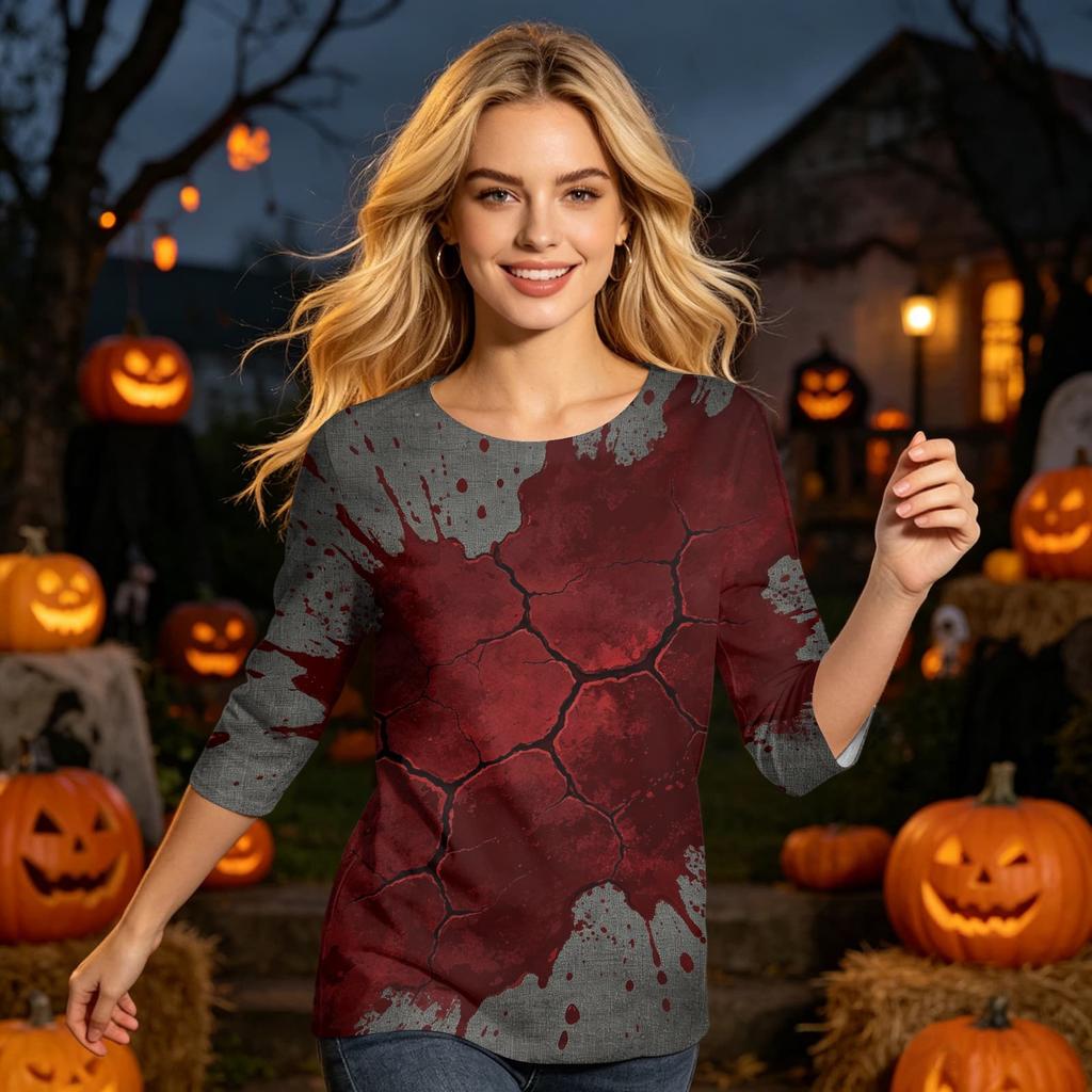 Halloween Shirt for Women 3/4 Sleeve Tunic Top Funny Splatter Pattern Casual Loose Holiday Graphic Blouse