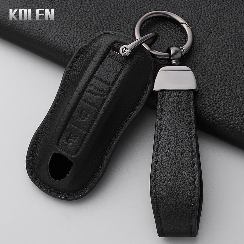 Leather Car Key Case Cover Shell For Porsche Cayenne Panamera 911 992 996 Taycan Macan Boxster 968 987 981 Key Protect Keychain