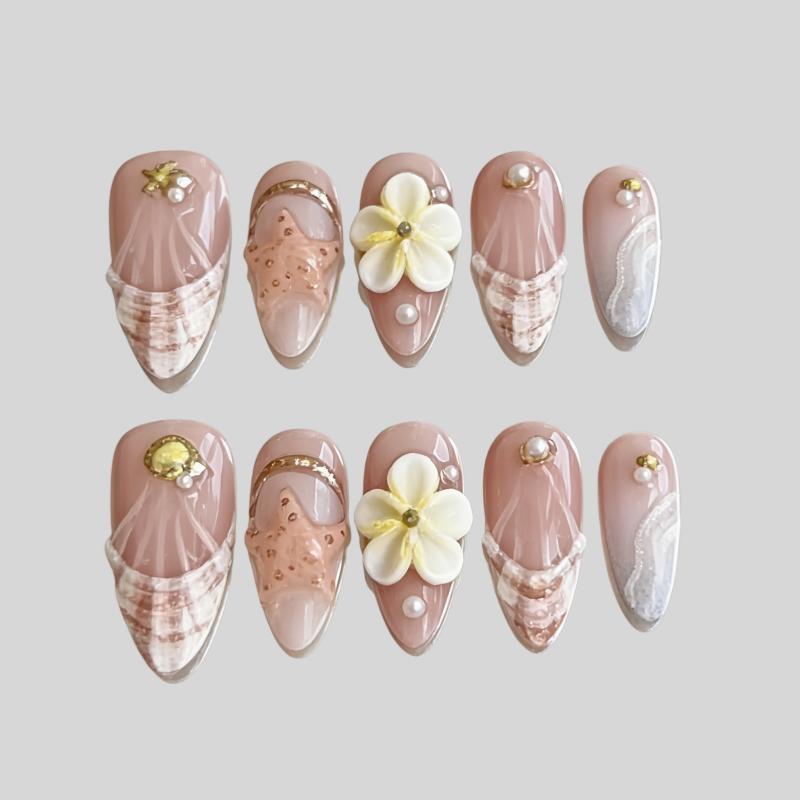 

30Pcs Fake Nails 3D Starfish French Manicure Pearl Light Yellow Gradient Press-On Nails—Perfect as a Gift for Girls and Friends Long Almond