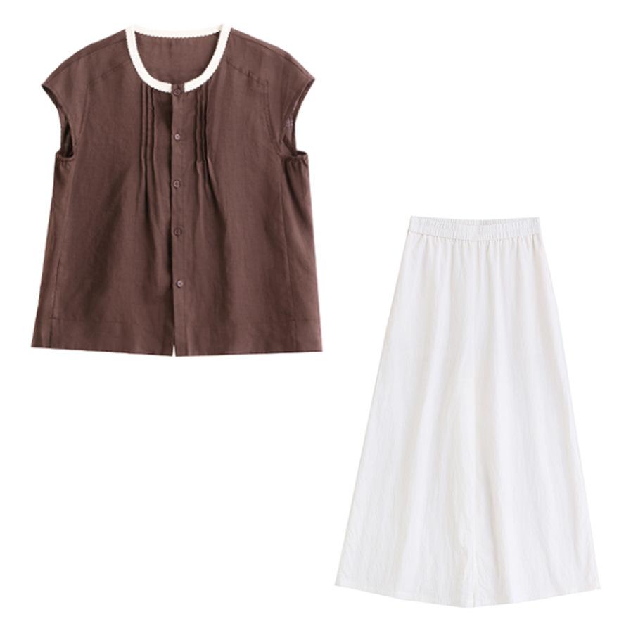 Literary Temperament Casual Suit Women's Summer New Loose and Thin Versatile Crew Neck Shirt Wide Leg Pants Two-piece Set