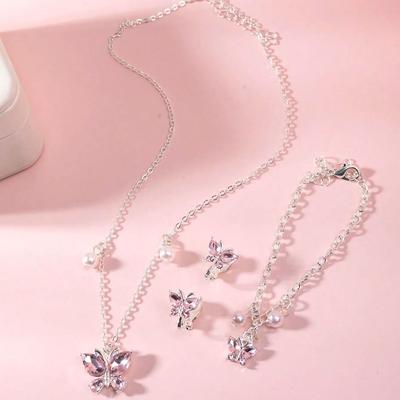 European and American Pink Purple Simple Generous Butterfly Necklace Ear Clip Bracelet 3 Pieces Girl Children's Zircon