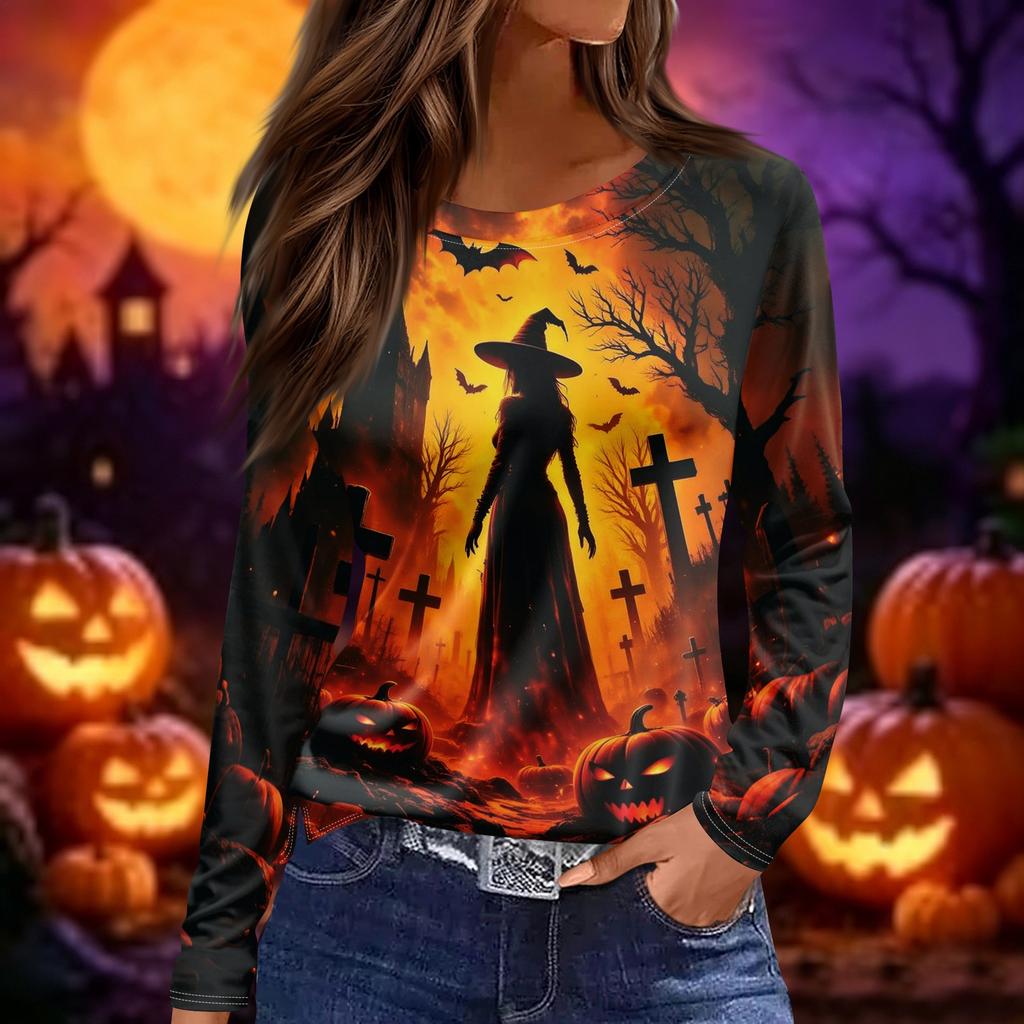 Women's Halloween Printed Long Sleeve Round Neck T-Shirt