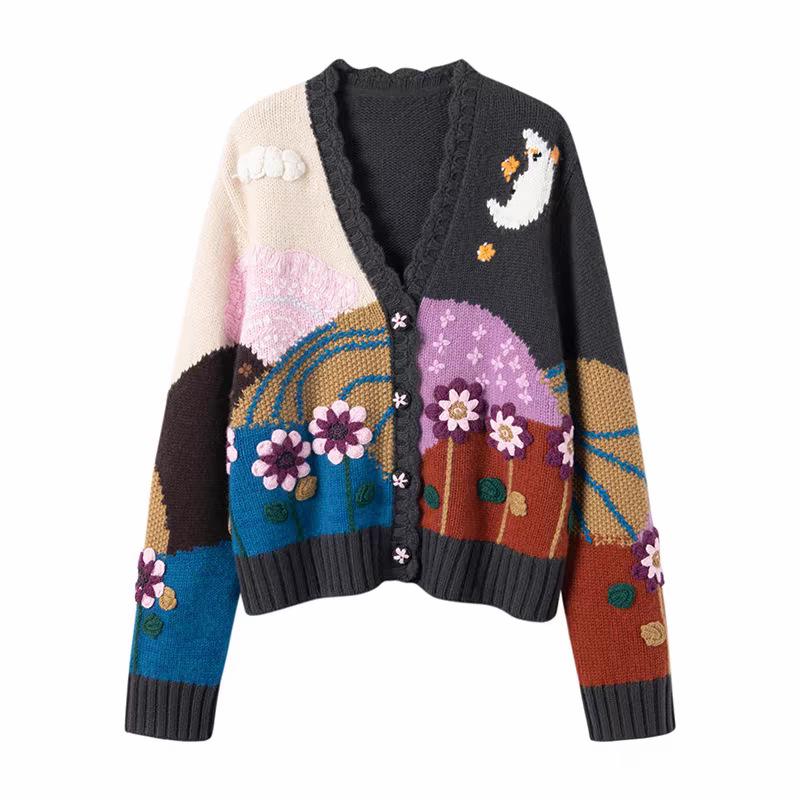 Women's Autumn/Winter Cozy Handmade Embroidered Cashmere Openwork Knit Cardigan Sweater