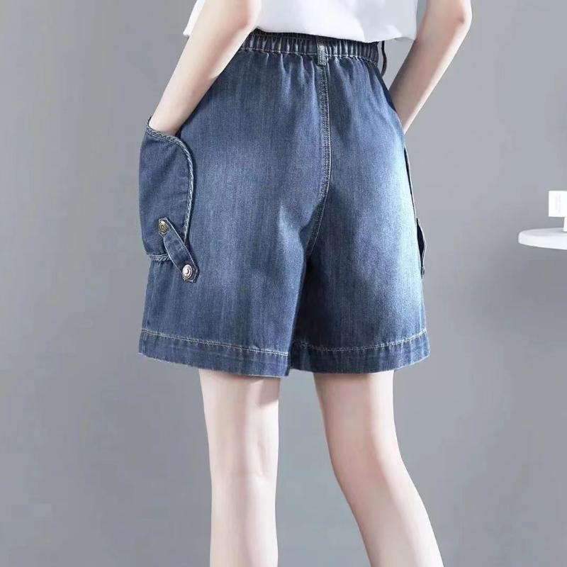 Spring Summer Elastic Waist Denim Shorts Women Casual Wide Leg Pocket Shorts