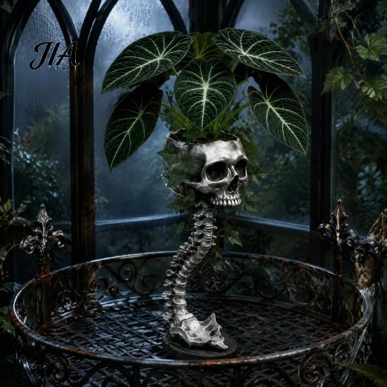 Unique Candy Dish Storage Gothic Skull Spine Planter, Resin Skeleton Planter Pot, Horror Halloween Indoor Outdoor Statue Flower Vase, Spooky