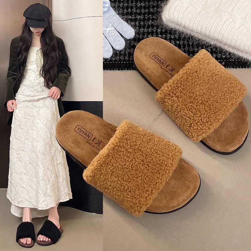 Mao Mao Slippers Women's Autumn and Winter New Indoor Lazy One-word Plush Slippers Home Flat Cotton Slippers