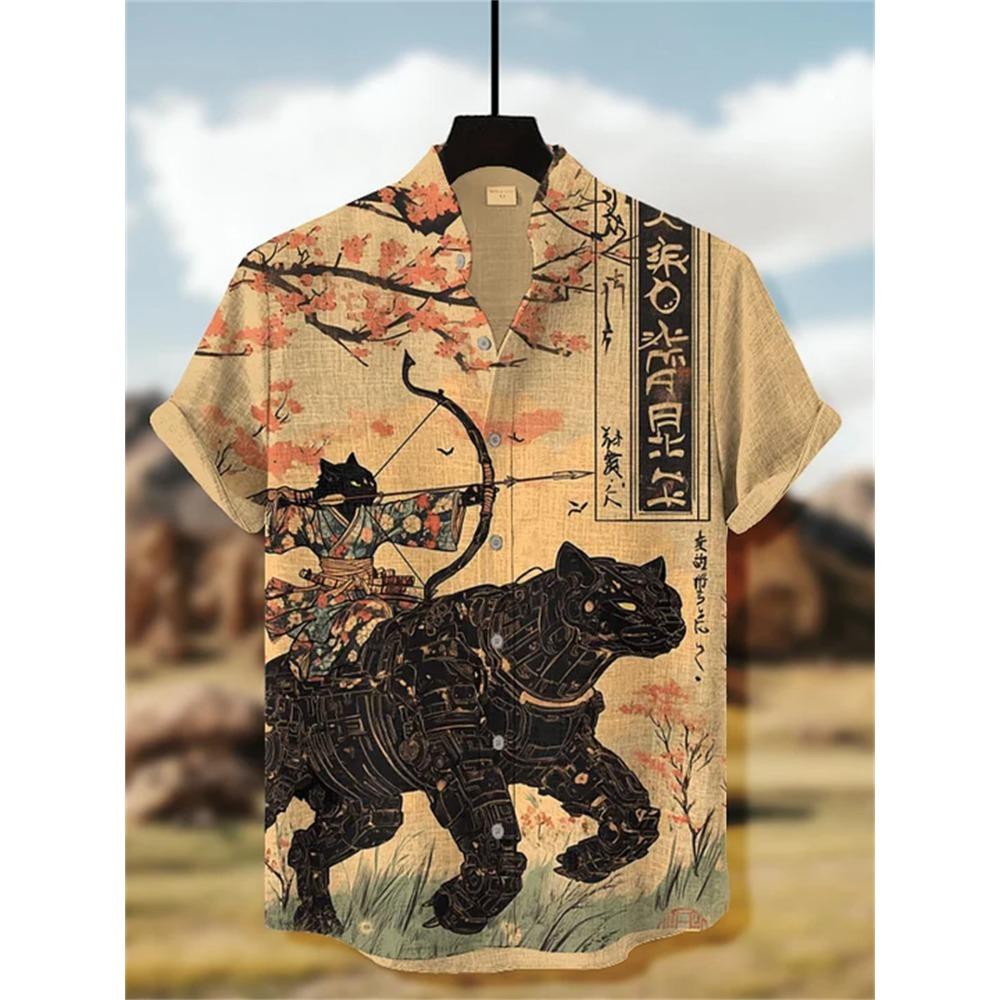 Men's Short-sleeved Shirt with Cat and Dinosaur Print, Casual and Stylish Vacation-style Men's Top, Fashionable Hawaiian Design.