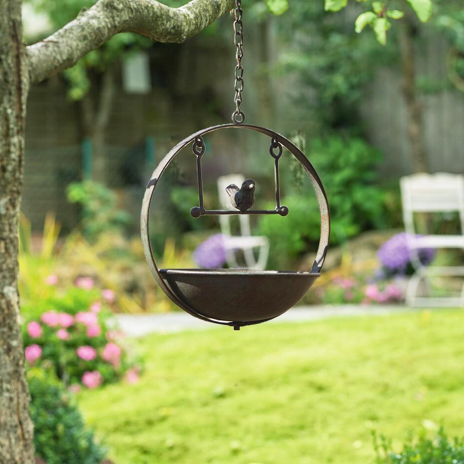 Wrought Iron Aged Green Bird Swing Feeder & Waterer