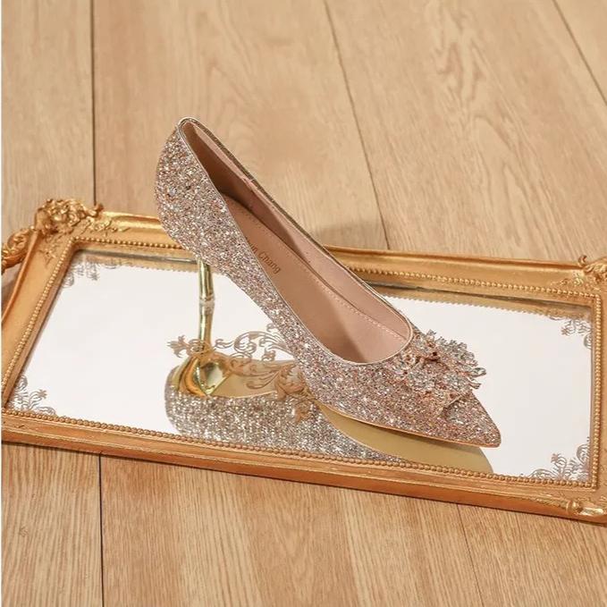 Womens High Heel Shoes Fad Elegant Crystal Pointed Toe Pumps Retro Shallow Mouth Banquet Party Wedding Women Shoes Zapatos Mujer