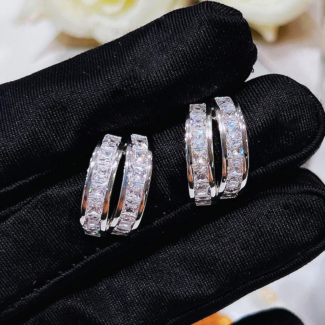 Internet Celebrity Lulu With The Same Bright Zircon Stud Earrings, High-End Light Luxury Design Double-Layer Full Diamond Earrings