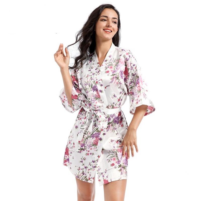 Women's Floral Bride Bridesmaids Robe Satin Wedding Kimono Bridal Dressing Gown Sleepwear