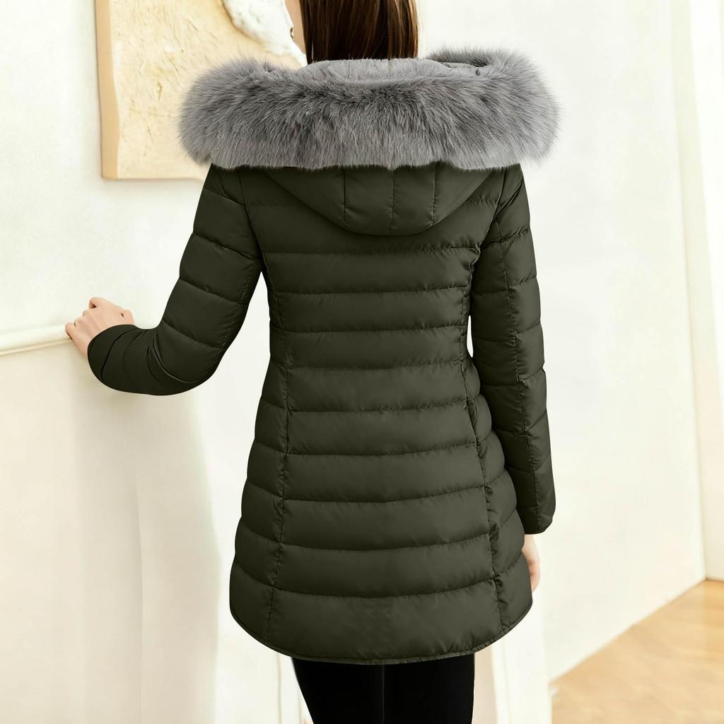 Damenmode Winter Einfarbig Langärmlig Kapuzenjacke Lang mit Reißverschluss Baumwolljacke Warmer Mantel Daunenjacke