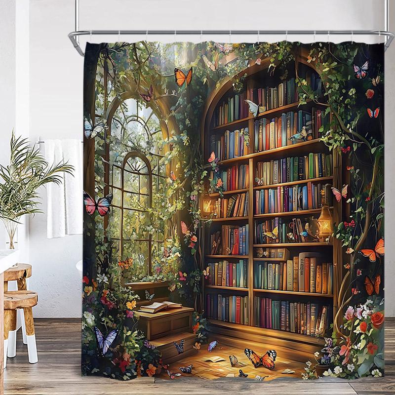 Vintage Bookshelf Shower Curtain Retro Book Green Plant Leaves Modern Fabric Home Wall Hanging Bathroom Curtain Decor with Hooks