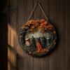 Vintage Style Holiday Sign Halloween Witch Hanging Sign, 8" Round Wooden Door Autumn Forest Porch Wall Witches Rustic for Home Front Decoration