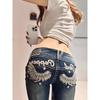Summer Y2K Fashion Retro Punk Low Waist Casual Embroidery Diamond Jeans Blue Wings Pattern Embroidered Leg Slim Pants