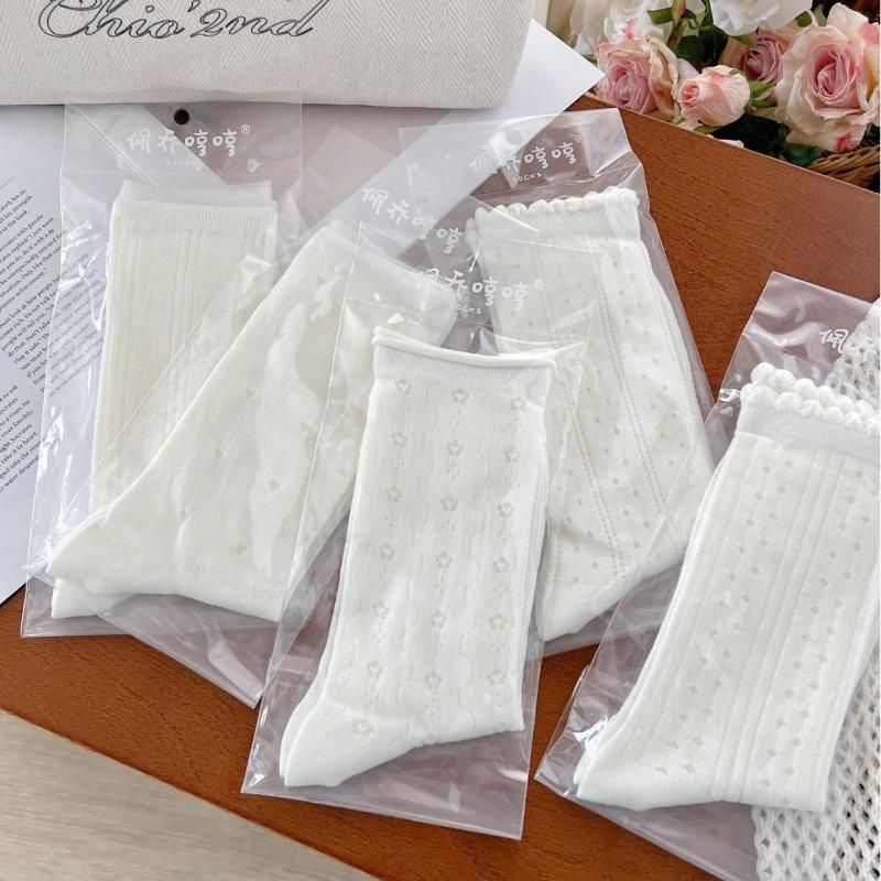 Ladies Summer Breathable Comfortable Dark Mesh Ballet Style Boneless White Medium Tube Stack Socks