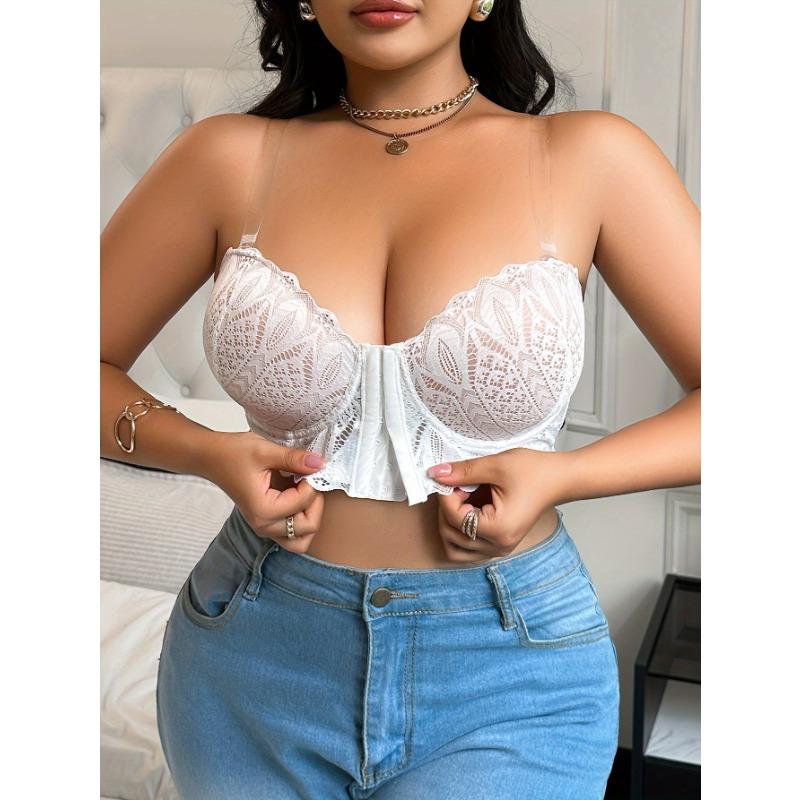 Women Black Floral Lace Strapless Front Closure Anti-Slip Plus Size Wedding Support Bra