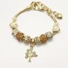 High Quality Gold Plated Crystal Rhinestone Lotus Flower Charm Bracelet Large Hole Beads Pink Flower Pendant Adjustable DIY
